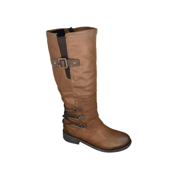 Details about   Womens Knee High Wide Calf Buckle Shoes Low Block Heel Biker Riding Boots Size